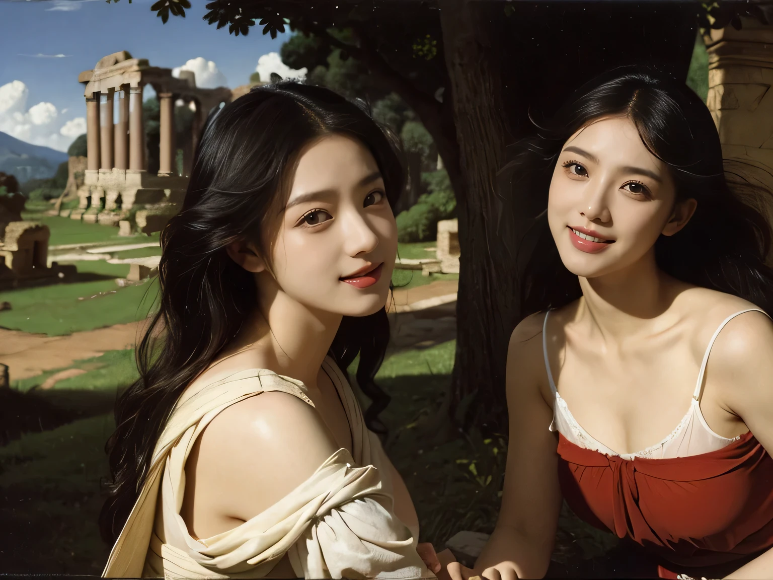 Ancient Roman ruins,Poussin-style landscape,A smile,,Sweet and seductive appearance.、Caravaggio's paintings、Chiaroscuro of Caravaggio、Hair disheveled in the wind,Two women frolicking,Cute smile, Expression of ecstasy,A sexy,Erotic