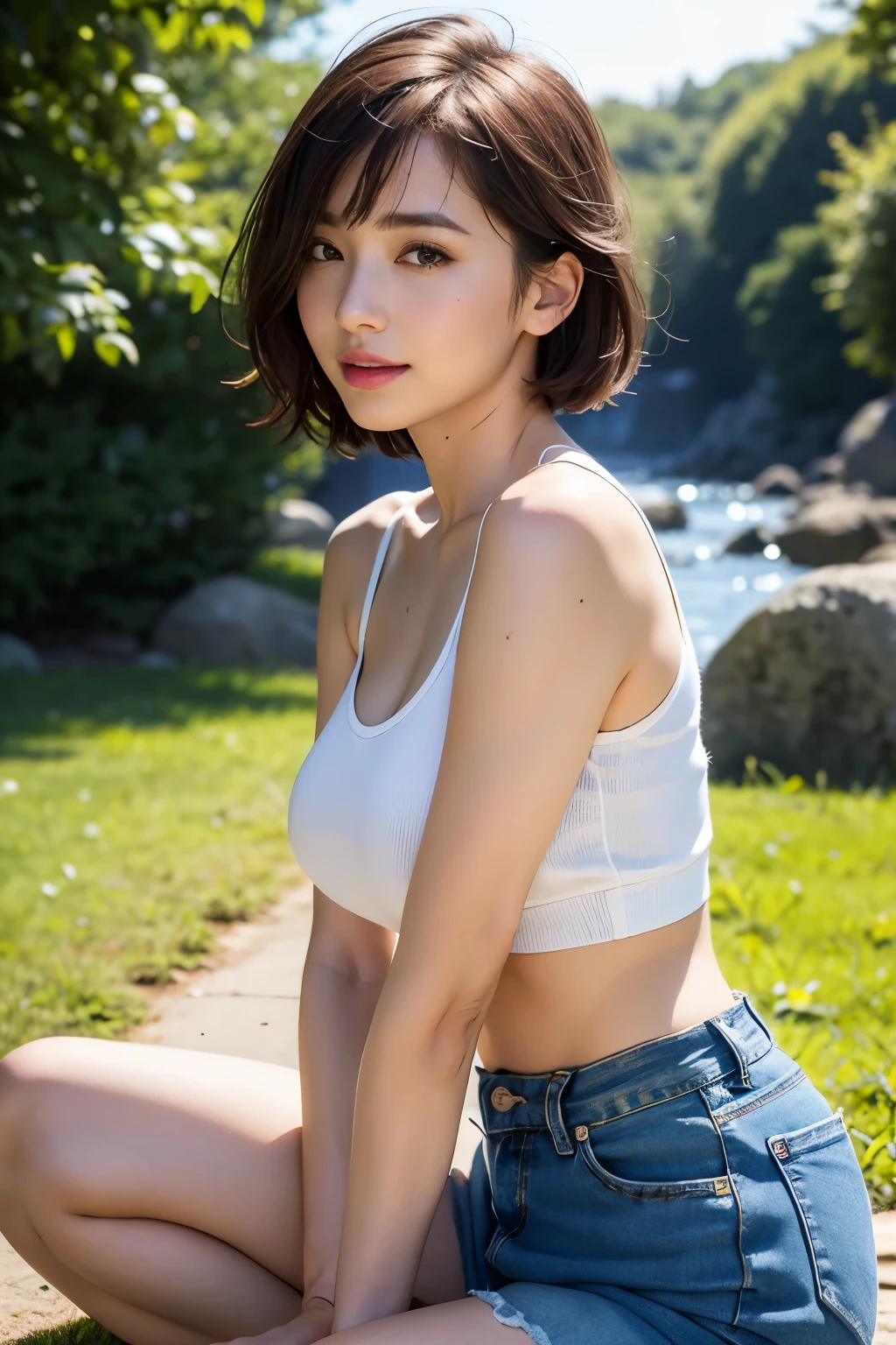 NSFW, 8k raw photo, best quality, master piece, ultra high resolution, film grain, cinematic light, 1 girl, natural skin texture, Realistic eye and face details, plump lips, lipstick, (put on makeup), red eyeshadow, fluffy short hair, messy hair, smile, please shut your mouth, 美foot, tall woman, being thin, slim_foot, solo, crisp chest,Blue Denim Mini Skirt, deep v big tits, beautiful natural location, stream, (detailed background), white shirt, ambiguous background, black collar,brown hair, bangle, water, by bangs, parted lips, from the side from the side, Depth of bounds written,Tightening of the abdomen,multiple poses,turn away from the observer,lying on the ground,turn back,face the audience,Conforms to anatomy