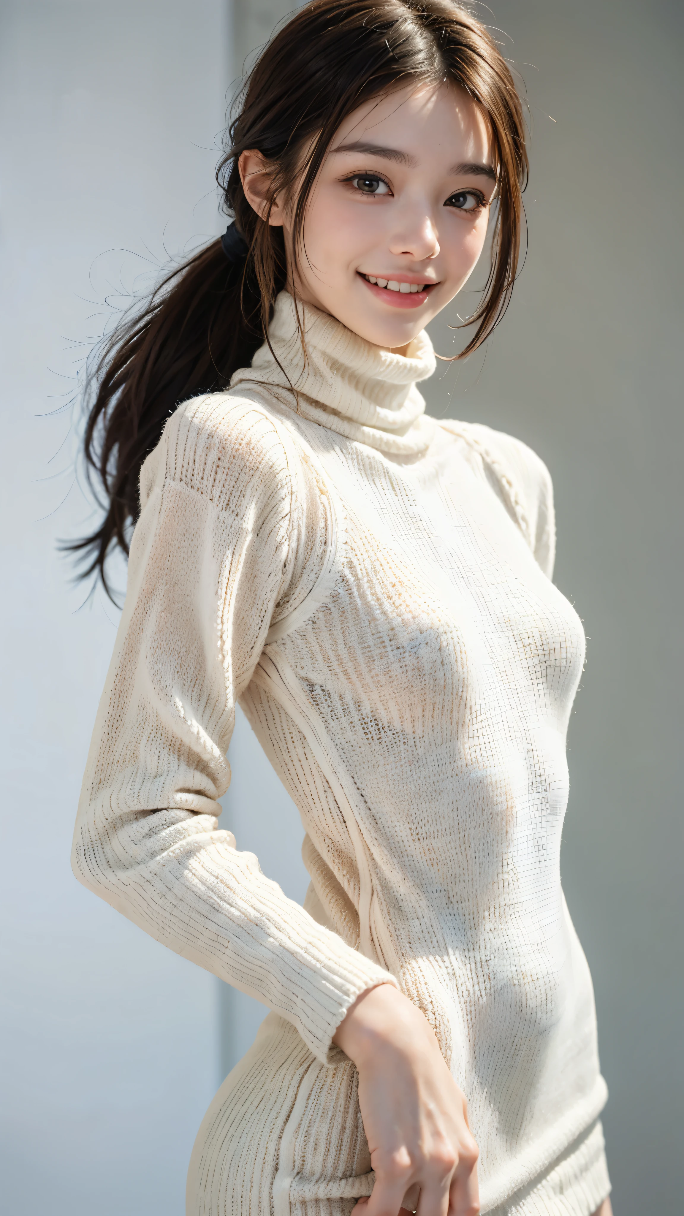 highest quality, masterpiece, ultra high resolution, (realistic:1.4), (close portrait) RAW photo, 1 girl, 22 years ago, (((Black Turtleneck Open Back Knit Dress White))), masterpiece, realistic pictures, japanese pictures, fuji negative film, saturation, contrast, Pocari Sweat Advertisement ((small breasts)),((smile showing teeth)),long hair top ponytail,brown hair,