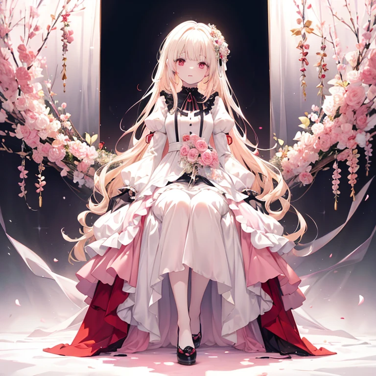 Perfect details, pale skin, full body like a medium-sized witch, flower elements, blond hair, red eyes, gradient color palace dress, Lolita dress。clothes palette(Pink predominantly,Black and white supplemented)Full body puff sleeves with bright background garden
