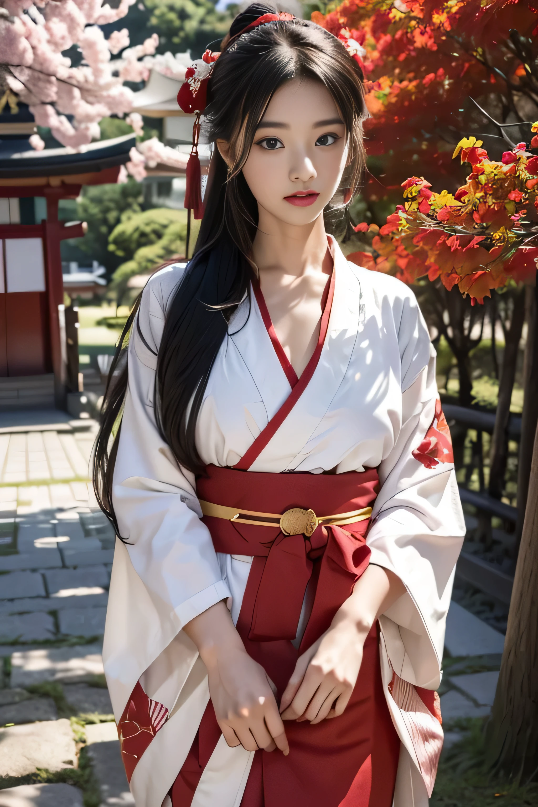 (( shrine、torii、Furisode with red pattern on white background)),(Girls in kimonos walking along the ginkgo trees),charming eyes,Heartwarming action,Turn your face away from the camera,bent down,bend over,turn back,Look up at your head,highly detailed body,highly detailed face,highest quality、(medium sized breasts),((The hem turns up in the wind))、(Long straight hair with black hair)