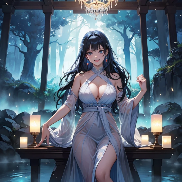 (highest quality, 8K, 32K, masterpiece, UHD: 1.3), (attractive本物の日本の女性の写真), 1 girl, (extra large size: 1.3), bangs, abs, perfect figure, super detailed face, detailed lips, fine eyes, double eyelid, droopy eyes, white bikini, pool, (attractive), ((excited: 1.5)), (slippery ))  、((( Gown)))、 Gownを着た美しい裸の女性、solo、best style、big breasts、The most beautiful in the world、unparalleled beauty、long hair、There is a big window.、You can enjoy the view of the forest, high-end hot spring, Large window to the forest at night, an indigo forest in japan, luxurious hot springs, japanese hot spring, Inspired by Tadao Ando, Japanese public bath, Kano Tanyou, Empty bathhouse hidden in a cave, hot spring、Big room with chandelier and chandelier, beautiful render of a fairytale, magical atmosphere + masterpiece, so magical and dreamy, magical colors and atmosphere, Blue lighting. fantasy, fantasy gorgeous lighting, extravagant matte painting, concept art stunning atmosphere, magical environment, magical colors and atmosphere, beautiful concept art, dark majestic ornate great hall, inside the palace