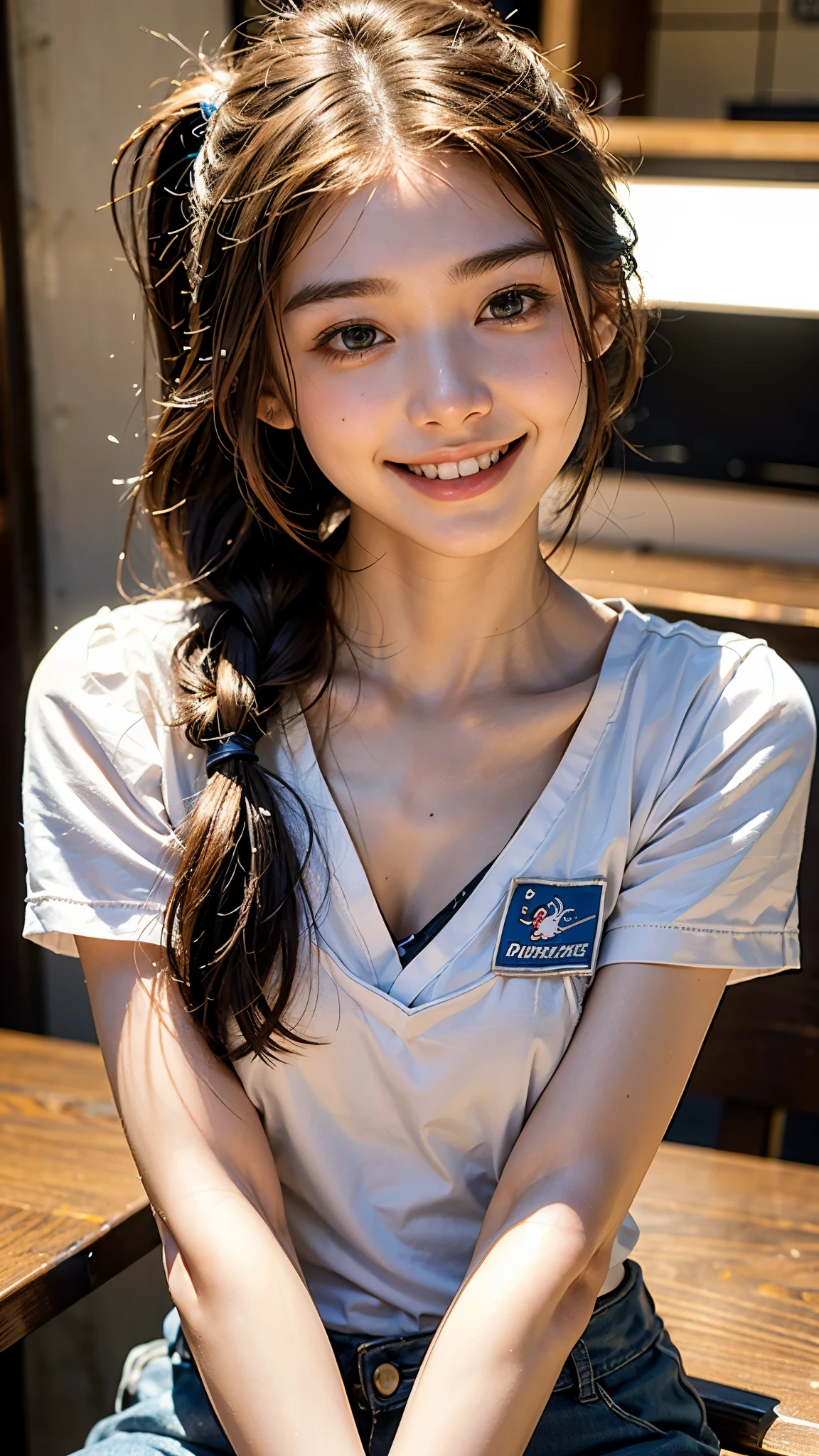 highest quality, masterpiece, ultra high resolution, (realistic:1.4), (close portrait) Raw photo, 1 girl, 22 years old, ((Anna Millers Uniform)),((restaurant part time job))masterpiece, realistic pictures, japanese pictures, fuji negative film, saturation, contrast, Pocari Sweat Advertisement ((small breasts)),((smiling showing teeth)),long hair top ponytail,brown hair,
