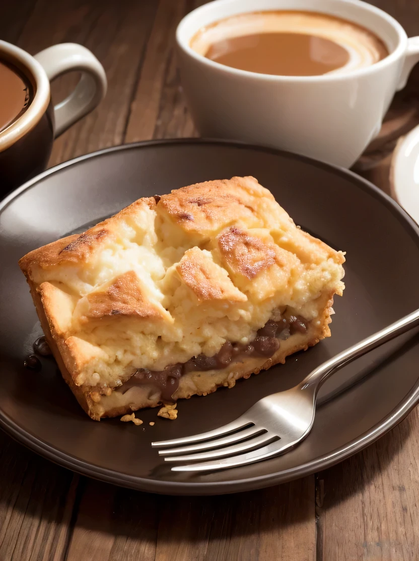 ((masterpiece、highest quality、Super detailed、High resolution、realistic、sharp focus))、((there are no humans))、high contrast、high color saturation、big bread pudding、Pastries、Coffee and mugs、coffee pot、hawk、stylish ceramic plate、Brick wall background、blurred background
