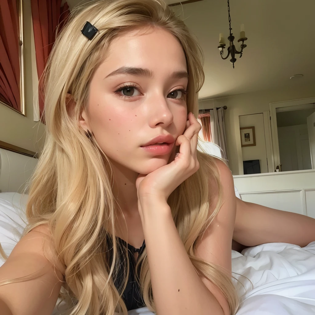 Blonde woman with long hair lying on bed with white sheets, Retrato de Sophie Mudd, linda jovem modelo, eva elfo, modelo do instagram, 18 anos de idade, sem maquiagem, uma garota com cabelo loiro, ellie victoria gale, dasha taran, 1 6 anos, Yelena Belova, linda garota loira, modelo muito lindo, rosto perfeitamente iluminado, linda modelo