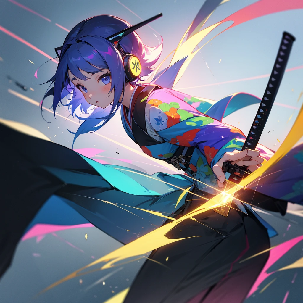 (((frontage,Full-body figure))) A dark-haired, femele, a cool,colourfull,Japanese Katana Sword,PlayingCards,Character Focus, cinema4d, 4K resolution, Complementary natural tones