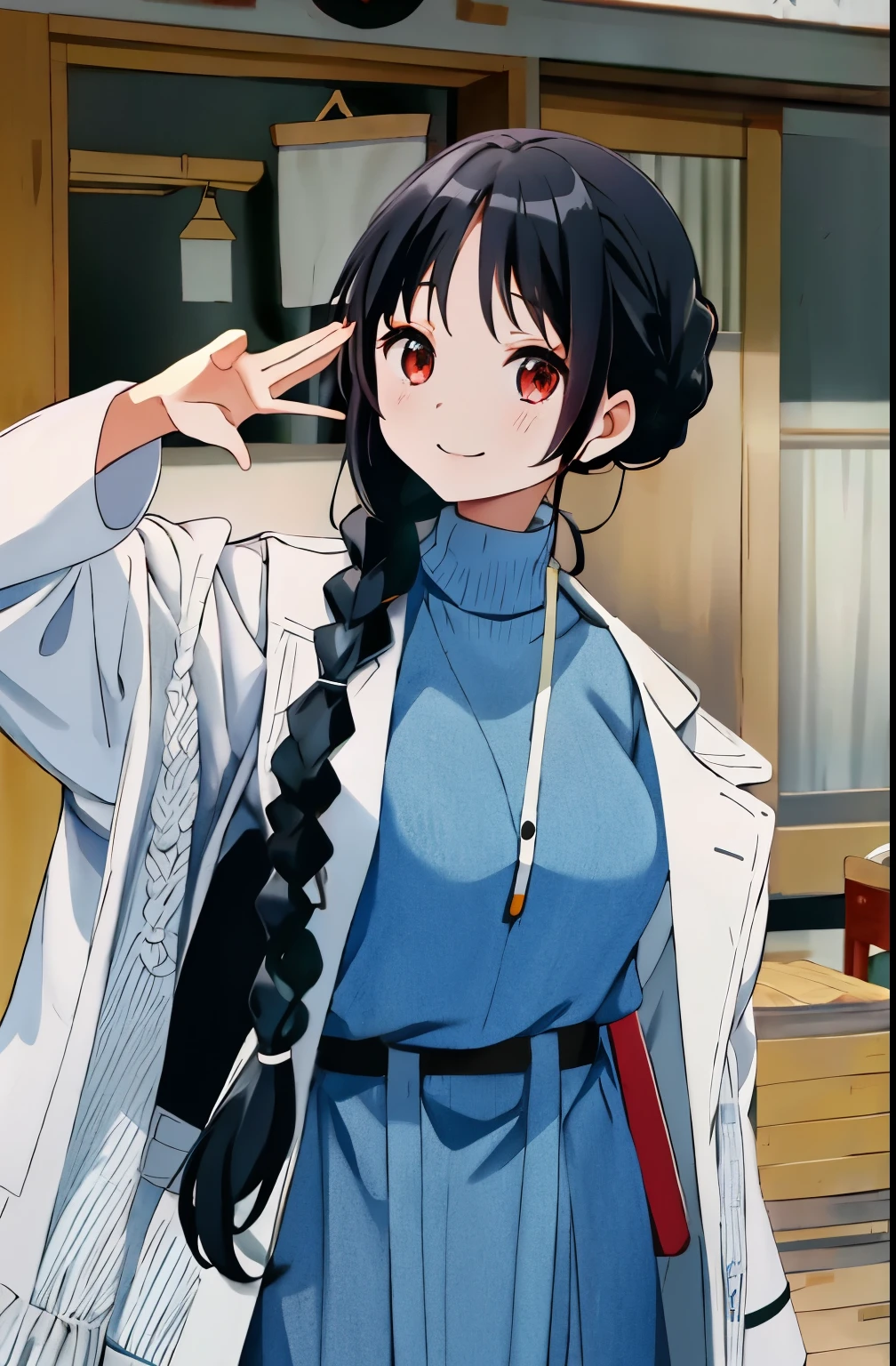 Long black hair asian girl high school girl, long hair, Smile,White coat,blue sweater,side fringe,middle score,Twist braids