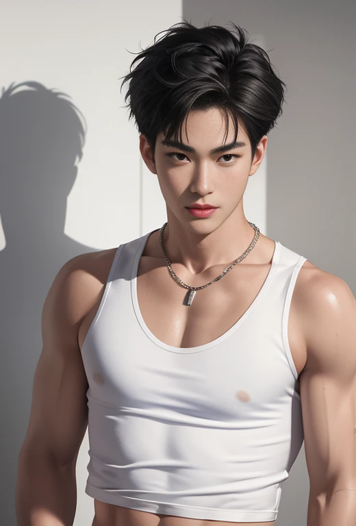 High quality, masterpiece, highly detailed, 8k, perfect face, perfect body, realistic, photogenic, man, Asian, young, black hair, short hair, handsome, detailed eyes, beautiful detailed nose, realistic body, realistic light, comfortable expressions, cute guy, sweat guy, cool guy, abs sixpack, model style, sexy clothes , full body, clean skin, tank top, necklace