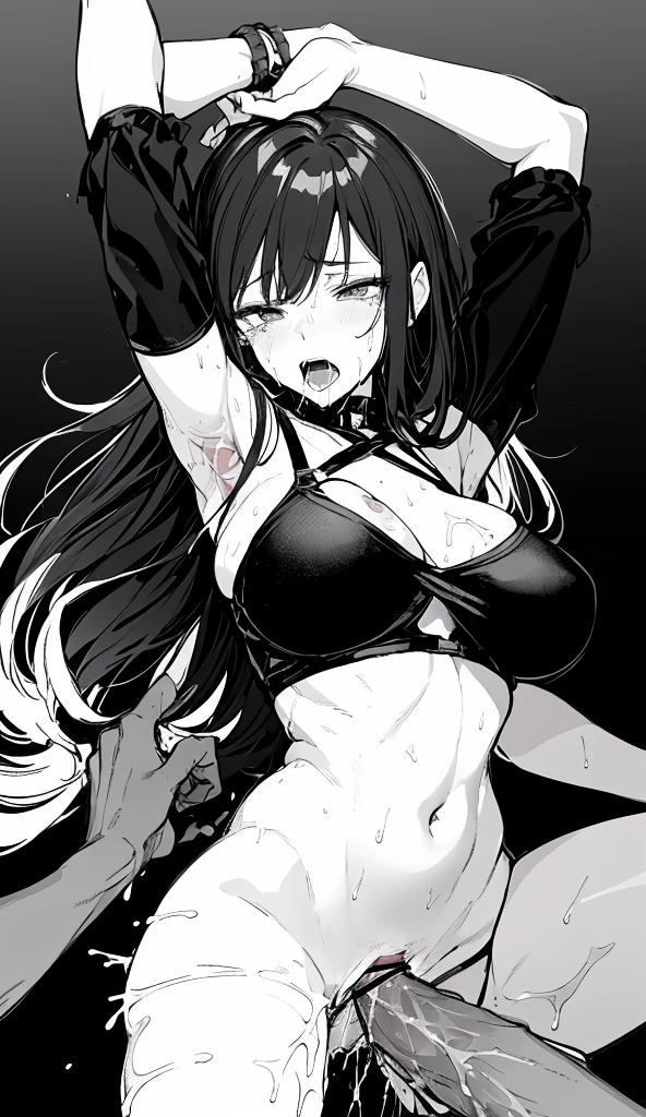 a black and white drawing of a woman, black and white manga style, heavy gesture style closeup, hands pose, with index finger, thick black line art,  black and white manga panel, black and white manga, white long hair, ( detailed face:1, (nude),detailed illustration, large breast:1.6,bottomless, topless,), navel, bare shoulders, thighs, ((armpits, crying expression:1.5,(sex:2) ,pov)),spread legs, black background, abs:1.2, open mouth, exercise 