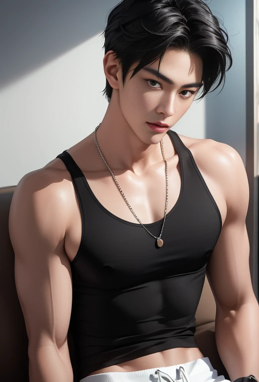 1 male, handsome Japanese male model, high resolution 4k, adult, perfect face, detailed eyes and face, muscular, black eyebrow hair, black eyelashes, Naked torso, Detailed face, perfect face, real skin texture, detail Perfect hand, details, Real and complete hand details, unreal engine, hd picture, black hair, Medium Undercut korea ,hair between eyes, black, white skin, Rabbit ears, Jacket