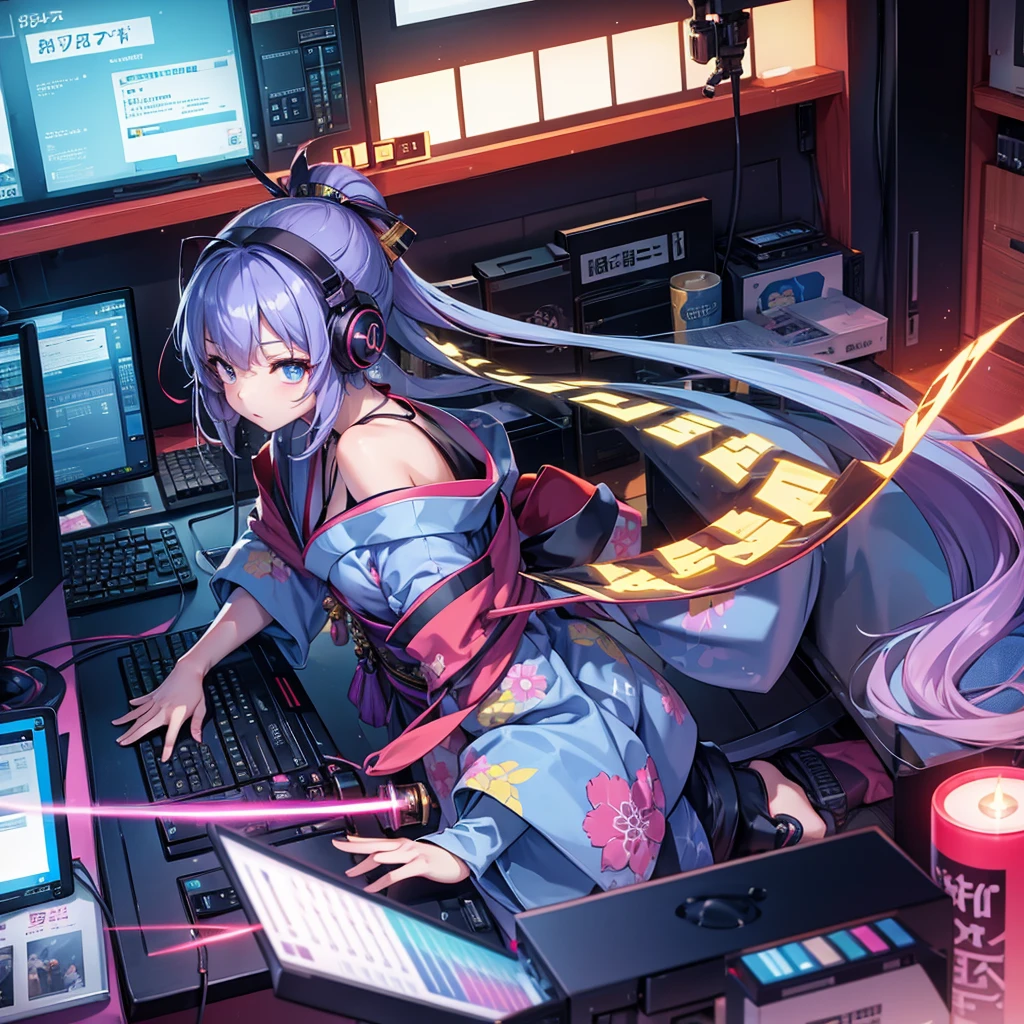 computer世界の風景、colorful kimono、one girl、headphones、(arms、Katana、have a weapon)、like the photo、sparkling、computer、