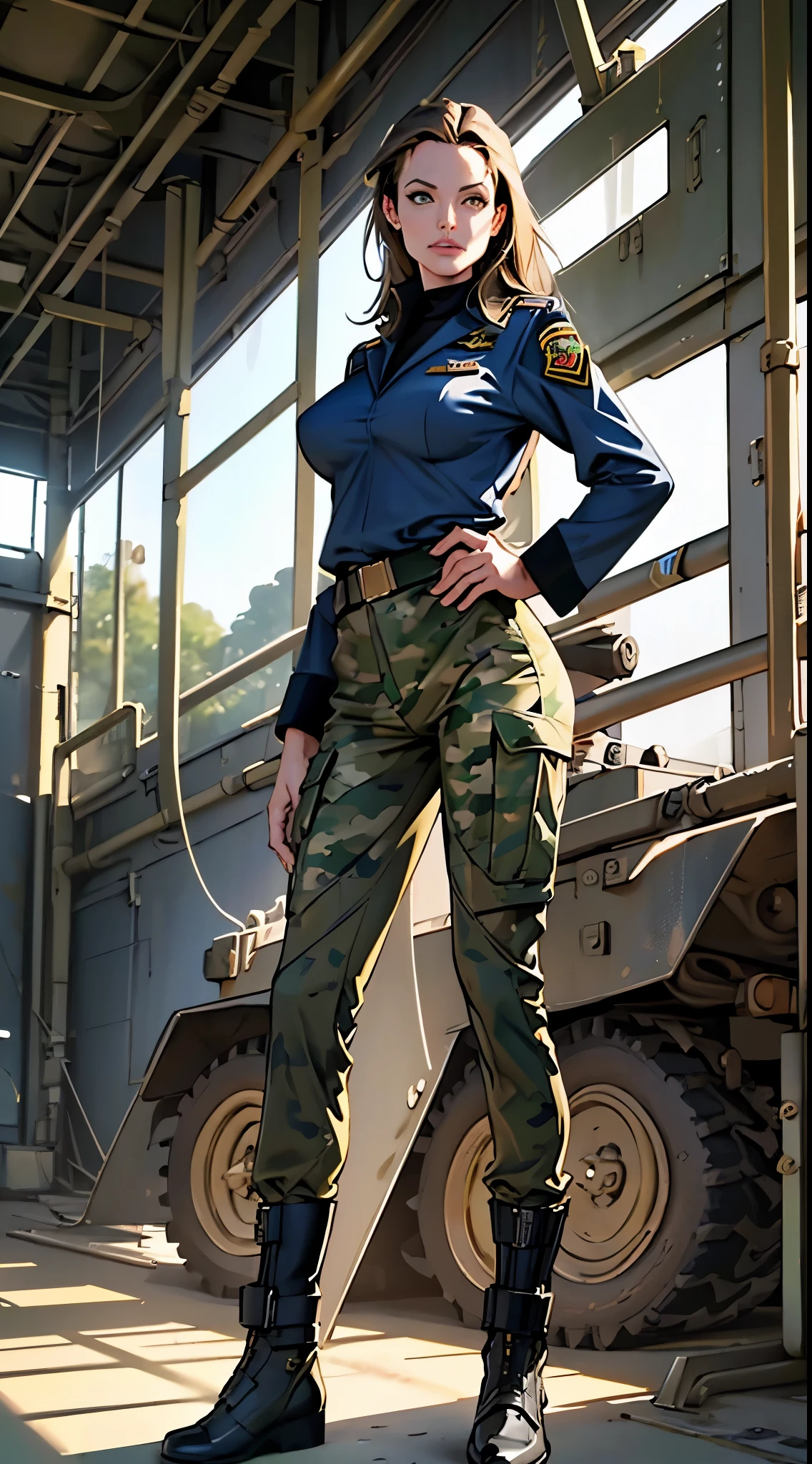 Angelina Jolie character, military uniform (blue color, major rank), brown hair, yellow eyes(honey color), delicate figure, female body, naval setting, military pants (camouflage), military medals, military field, intimidating posture, military posture (body).