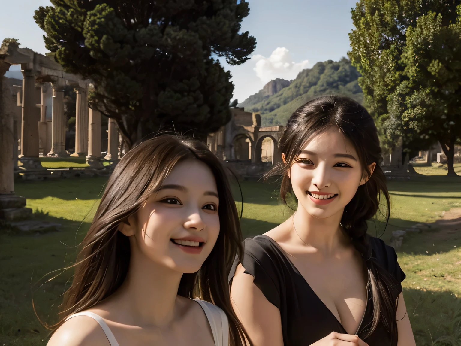 Ancient Roman ruins,Poussin-style landscape,laughter,,Sweet and seductive appearance.、Caravaggio's paintings、Chiaroscuro of Caravaggio、hair tousled by the wind,Two women frolicking,cute smile, expression of ecstasy,Sexy,erotic