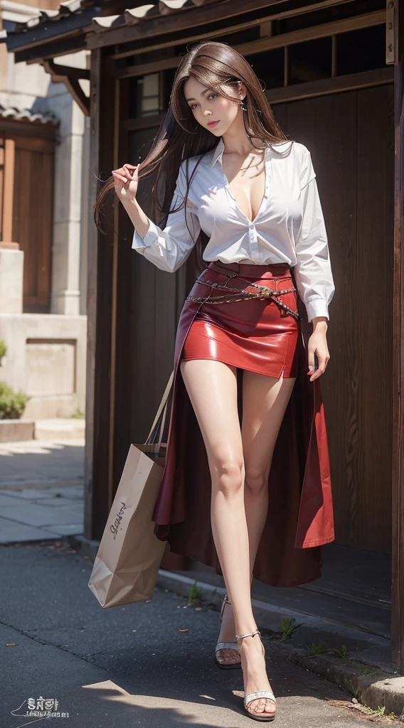 (best quality, 10, Masterpiece :1.3), (realistic, ภาพrealistic: 1.37), (1 girl), (Beautiful women between the ages of 18-20), (thin), (Focus on the slender abdomen.. :1.3), (Korea), (pulling up loose white shirt over, red veil, Red coat, Short denim skirt, Emphasize her legs., High groove,), (รองเท้าHeel Height), (Random pose), chest, exposed cleavage, ((dark brown hair, long hair)), exquisite face, Open the show, Fantasy, Slender figure, Very smooth face, Good eyes, Double eyelids, (long hair, Random hairstyles), (big girl :1.3), (outdoor), (Extraordinarily detailed face), (Detailed eyes), (Double eyelids), (Eyeshadow makes eyelashes look thicker.......), obscure, (Long legs, Heel Height), (((Whole body))), (professional lighting), (Photon mapping), (Radiation), (Look directly at the audience.....)