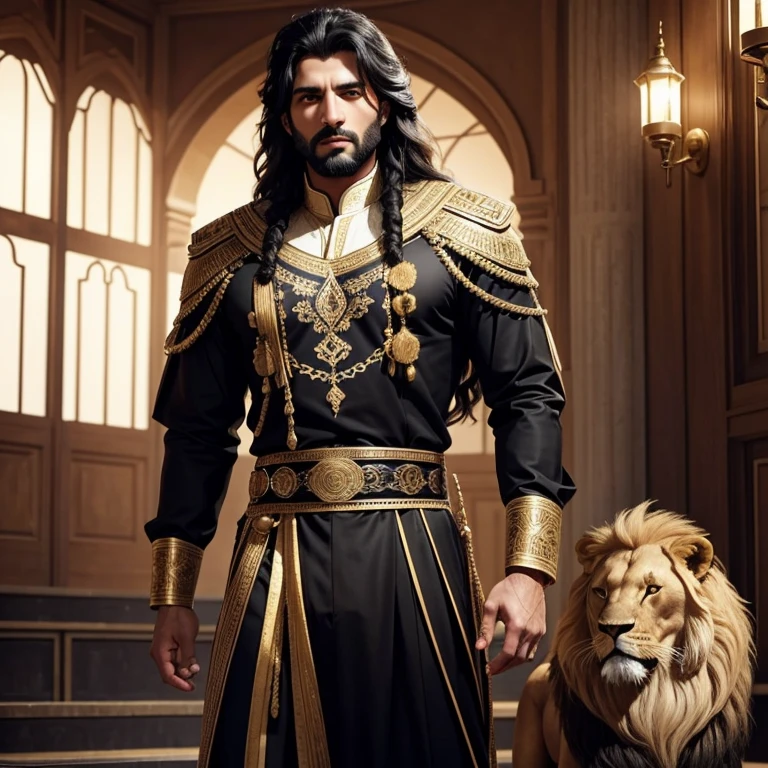 - Personal Name: Lion.
-Sex: male.
-lifetime: 28 years old.
- outside look: Lion هو شاب طويل القامة ورياضي البنية. He is about 190 cm tall. He has short, thick black hair that falls over his forehead. His eyes are deep amber in colour, and hold a gleam of wisdom and strength. His hair has some silver strands interspersed with it, giving him a more distinct and mysterious look.
- Traditional clothing or uniform: يرتدي Lion زيًا فانتازيًا قديمًا يتألف من قميص قطني مزخرف بألوان زاهية وتطريزات فضية وذهبية. The shirt features wide sleeves and a high collar. He also wears matching wide-leg trousers, with a leather belt decorated with embroidery. يحمل Lion في يده سيفًا ذو شفرة منحنية مرصعة بأحجار كريمة، ويتدلى منه حزام جلدي طويل يحمل أدوات البقاء على قيد الحياة والقوة السحرية.