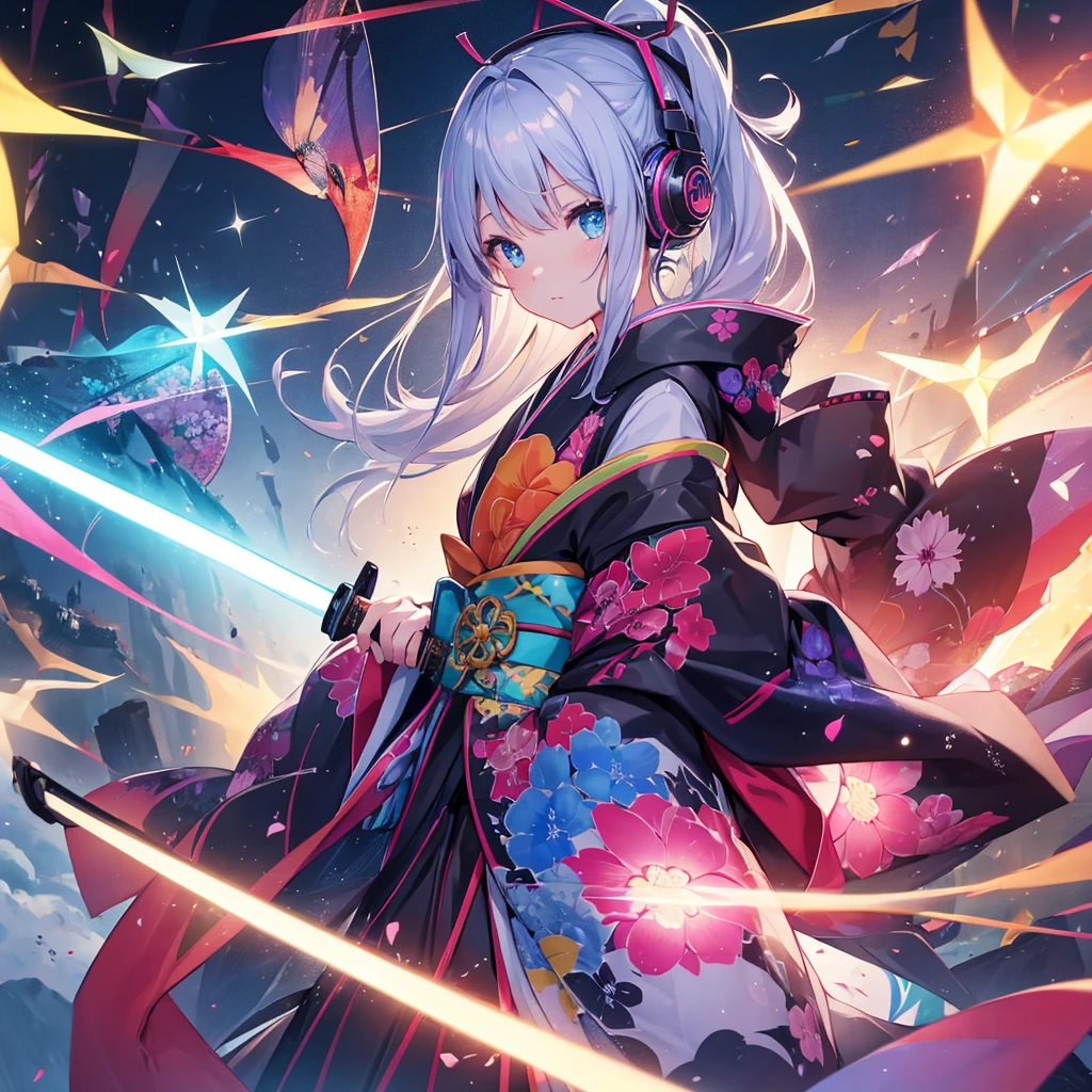 computer世界の風景、colorful kimono、one girl、headphones、(arms、Katana、have a weapon)、like the photo、sparkling、computer、