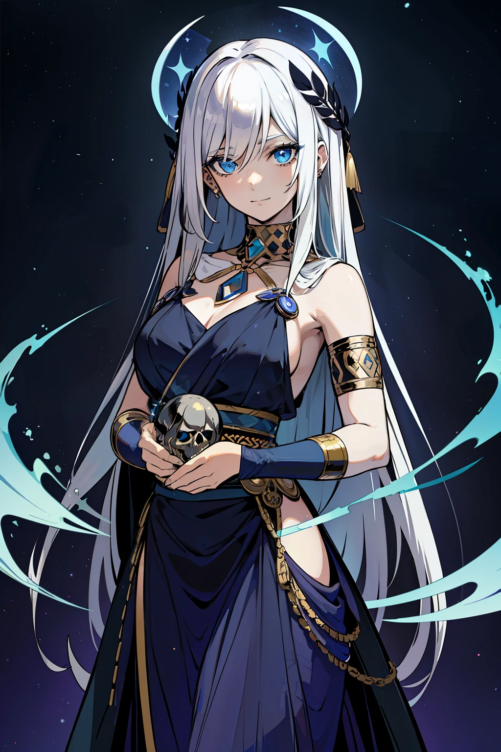 (high-quality, breathtaking),(expressive eyes, perfect face) 1girl, girl, solo, adult, white color hair, glowing hair, constellations on skin, stars in hair, long black dress, sleeveless, armband on left arm, white coloured eyes, byakugan eyes, stylised hair, gentle smile, long length hair, loose hair, side bangs, soft wavey hair, looking at viewer, portrait, ancient greek clothes, blue black and tunic, greek, blue and black sash, darkness inspired background, related to Nyx, elegent, regal, beautiful, a shaul of darkness decorated with stars, Greek Myth, soft make up, cosmos, starlight, goddess of the night, holding skull in hand, piercing moon, ominous background
