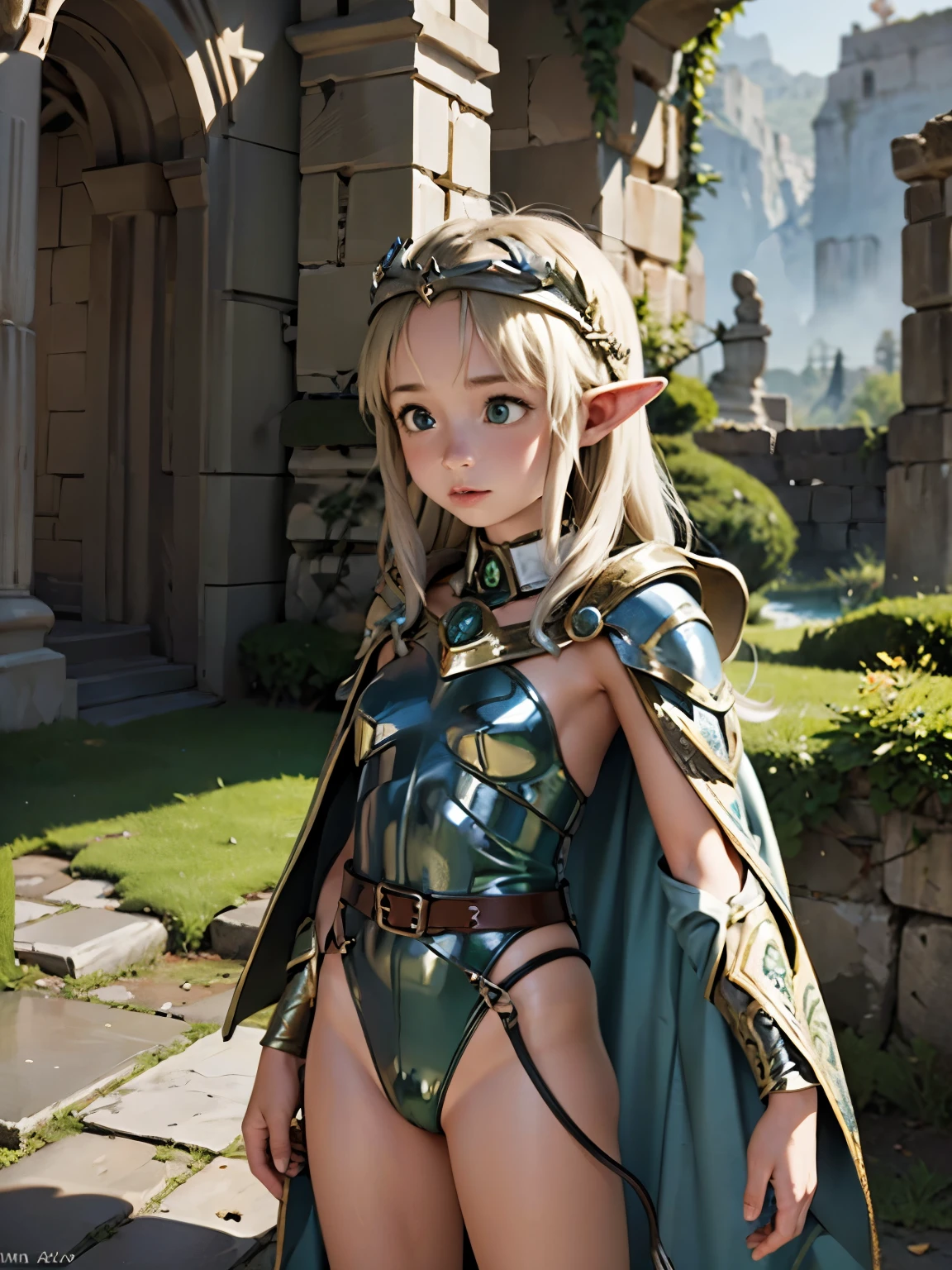 (high definition) 1 Girl, alone, elf girl in armor, elven girl, elf, armor, and medieval clothing, a crown in the cave, cape, ancient Greek ruins,
