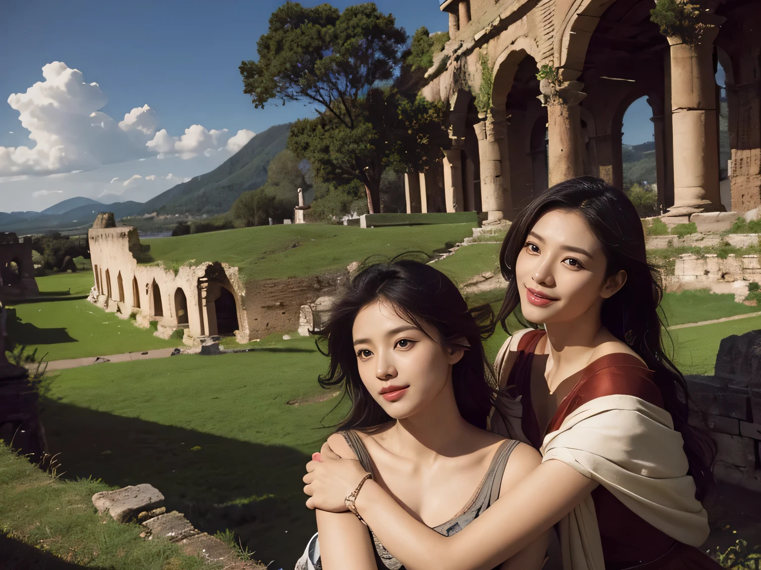 Ancient Roman ruins,Poussin-style landscape,A smile,,Sweet and seductive appearance.、Caravaggio's paintings、Chiaroscuro of Caravaggio、Hair disheveled in the wind,Two women frolicking,Cute smile, Expression of ecstasy,A sexy,Erotic