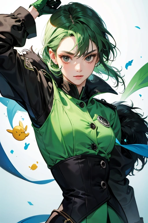 Green is an anthropomorphic M&M with black eyes, defined black eyelashes, and light green skin. She also has small buttons on her white gloves, which she has had since her debut.