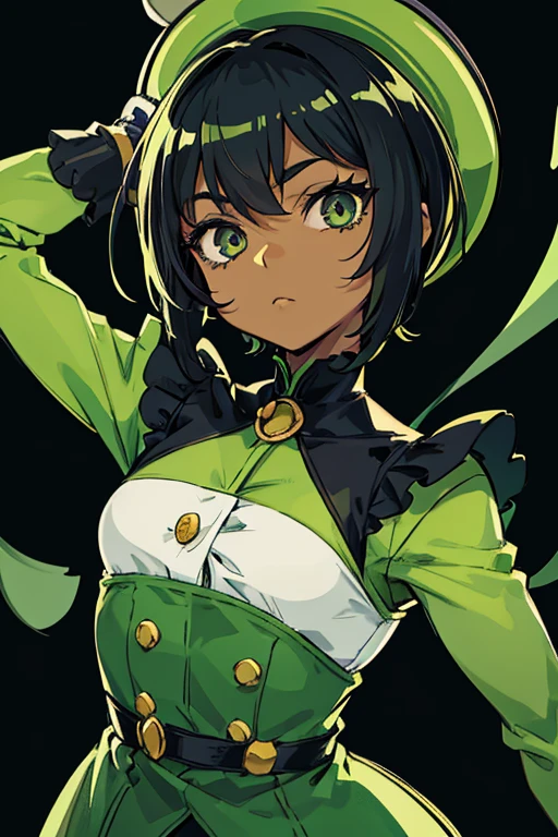 Green is an anthropomorphic M&M with black eyes, defined black eyelashes, and light green skin. She also has small buttons on her white gloves, which she has had since her debut.