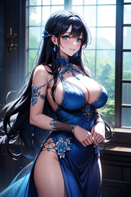 (highest quality, 8K, 32K, masterpiece, UHD: 1.3), 1 girl, (Oversized: 1.3), perfect figure, super detailed face, detailed lips, fine eyes, (attractive), ((excited: 1.5)), (Transparent areola)) 、(((Transparent Gown)))、Transparent Gownを着た美しい裸の女性、solo、best style、big breasts、The most beautiful in the world、unparalleled beauty、long hair、There is a big window.、You can enjoy the view of the forest, high-end hot spring, Large window to the forest at night, Indigo forest, Empty bathhouse hidden in a cave, hot spring、beautiful render of a fairytale, magical atmosphere + masterpiece, so magical and dreamy, magical colors and atmosphere, Blue lighting. fantasy, fantasy gorgeous lighting, concept art stunning atmosphere, magical environment, magical blue color and atmosphere, beautiful concept art, dark majestic ornate great hall, inside the palace