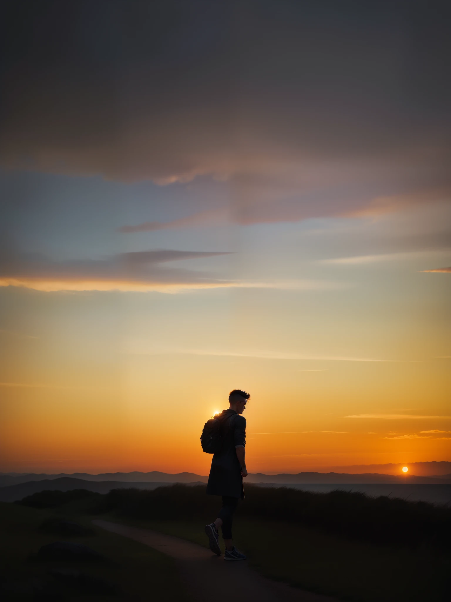 man, landscape, nature, mountains, paths, path, path to heavens, palm trees, alone, alone, straight path, natural view, divine, clouds, cloud, heavens, sky, sun, detailed sky, path to, back, manly, manly, manly, vigorous, strong, well dressed, tunic, decent, walk, run, path, beauty path, life path, nature, beautiful place, paradise, back, walking, looking at the straight path,  Direction photorealism, photorealistic, Ultra HD, 4K, detailed textures, futuristic colors, detailed colors,