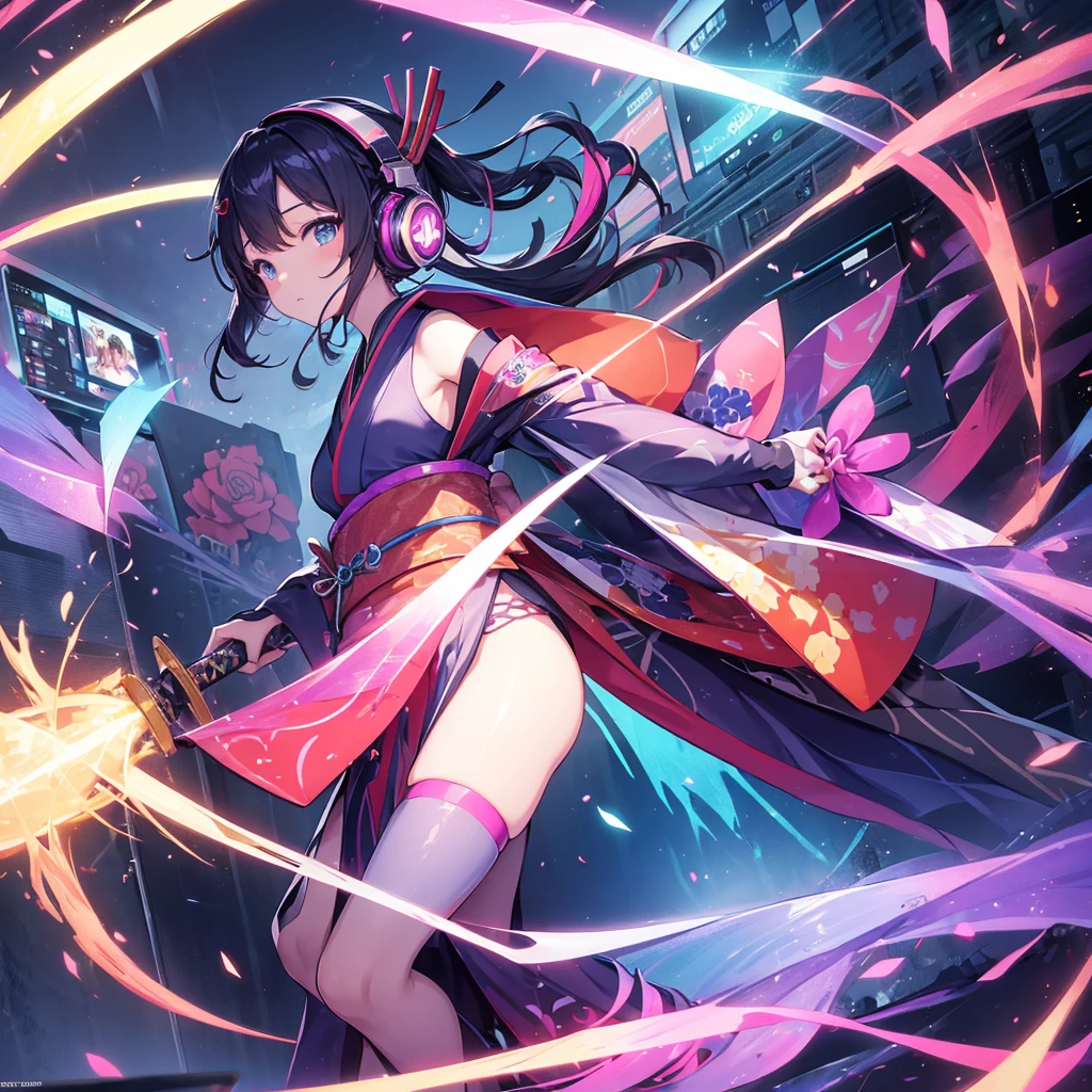 computer世界の風景、colorful kimono、one girl、headphones、（arms、Katana、have a weapon）、like the photo、sparkling、computer、