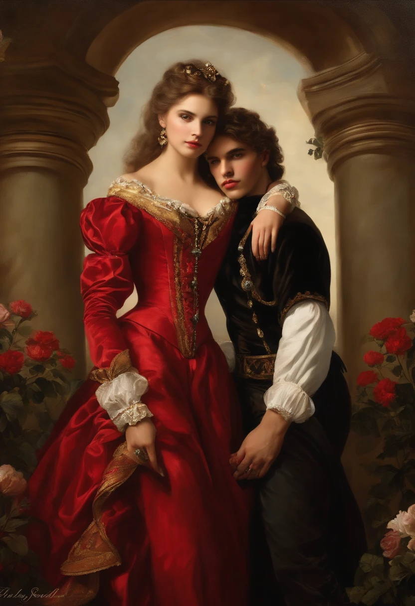 ((Baroque style painting of a beautiful couple)) earrings and bracelets, beautiful and sensual young people, lascivious and mischievous face, dressed in red, black and gold clothes in the style of the Victorian Era, clear eyes, sexy and shapely mouth, long, silky hair falling over her shoulders, ((looking at the camera)), ((Hugging each other in a garden with flowers and Greek columns)). Baroque painting