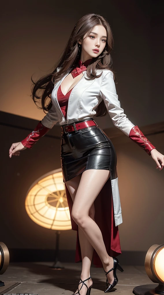 (best quality, 10, Masterpiece :1.3), (realistic, ภาพrealistic: 1.37), (1 girl), (Beautiful women between the ages of 18-20), (thin), (Focus on the slender abdomen.. :1.3), (Korea), (pastel leather jacket, red long veil, Red long coat, Short denim skirt, short leather skirt, Emphasize her legs., High groove,), (รองเท้าHeel Height), (Random pose), chest, exposed cleavage, ((dark brown hair, long hair)), exquisite face, Open the show, Fantasy, Slender figure, Very smooth face, Good eyes, Double eyelids, (long hair, Random hairstyles), (big girl :1.3), (outdoor), (Extraordinarily detailed face), (Detailed eyes), (Double eyelids), (Eyeshadow makes eyelashes look thicker.......), obscure, (Long legs, Heel Height), (((Whole body))), (professional lighting), (Photon mapping), (Radiation), (Look directly at the audience.....)
