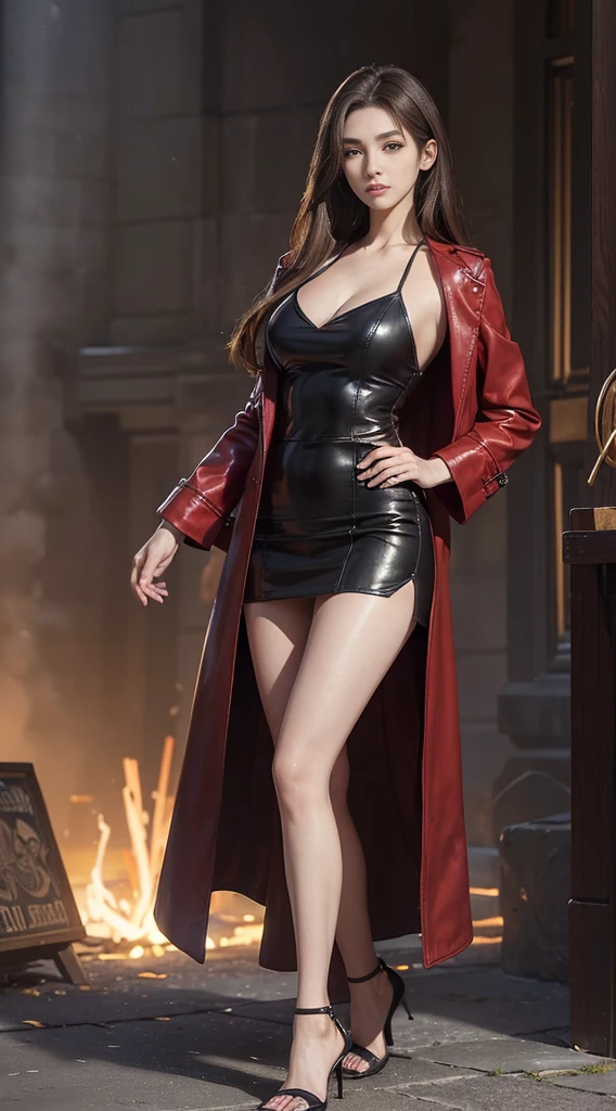 (best quality, 10, Masterpiece :1.3), (realistic, ภาพrealistic: 1.37), (1 girl), (Beautiful women between the ages of 18-20), (thin), (Focus on the slender abdomen.. :1.3), (Korea), (pastel leather jacket, red long veil, Red long coat, Short denim skirt, short leather skirt, Emphasize her legs., High groove,), (รองเท้าHeel Height), (Random pose), chest, exposed cleavage, ((dark brown hair, long hair)), exquisite face, Open the show, Fantasy, Slender figure, Very smooth face, Good eyes, Double eyelids, (long hair, Random hairstyles), (big girl :1.3), (outdoor), (Extraordinarily detailed face), (Detailed eyes), (Double eyelids), (Eyeshadow makes eyelashes look thicker.......), obscure, (Long legs, Heel Height), (((Whole body))), (professional lighting), (Photon mapping), (Radiation), (Look directly at the audience.....)
