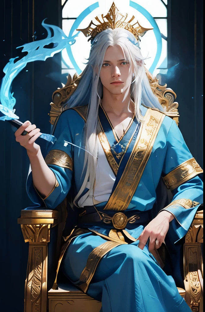 young man, very handsome, long white hair, blue eyes, wearing a blue tunic, blue fire flames, golden laurel wreath on his head , blue fire in the background of the image , sitting on a throne made of blue fire. Holding a burning sword