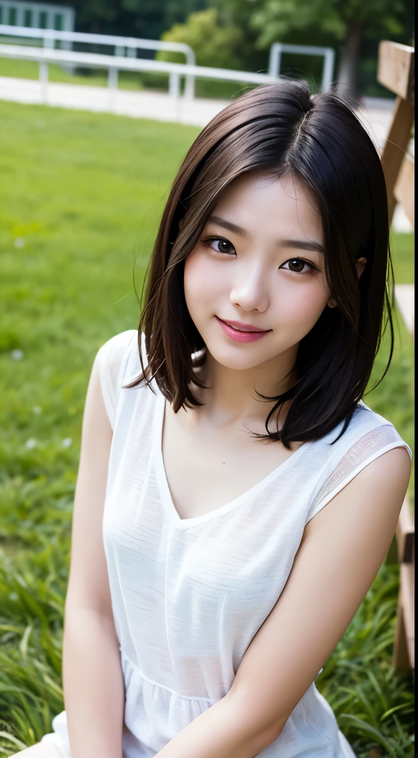 Arafed asian woman sitting on a bench in a park - SeaArt AI