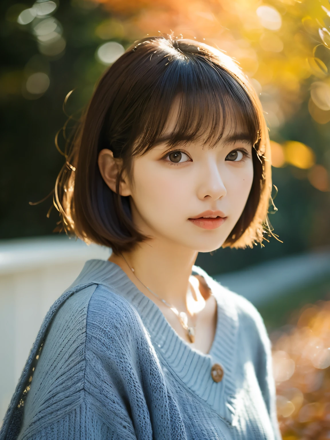 white wall、Taken in front of the white door、(窓のあるwhite wallの部屋)、shot in natural light、Highly detailed face and skin texture、highly detailed lips、correct state of the human body、Super high resolution、(Photoreal:1.4)、top quality, 1 beautiful woman, 28 years old, s, 50mm lens、Light Blue Knit、(Dark brown medium shorthair)、Japanese woman with bob、(dark brown hair)、Versatile poses、looking at the camera、natural color lip、Autumn outfit、Winter clothes、 necklace