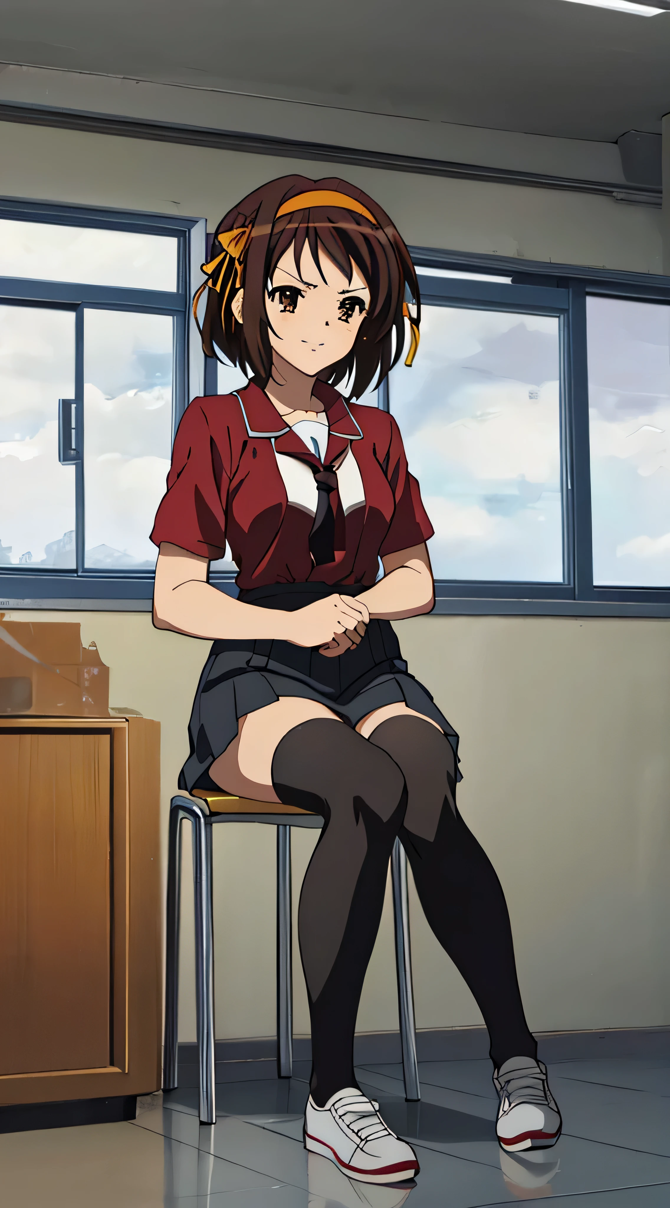 masterpiece, best quality, high definition, 1girl, solo, one, superhero, ((shirt, red shirt, black tie, red shirt with black tie)), stockings, brown hair, short hair, brown eyes, hair headband, medium hair, ribbon, shoes, matching shoes, medium chest, sitting, crying, tears, tears, screaming, sad, smiling, in the room, Haruhi Suzumiya, Kyoani Haruhi style, autumn, winter, cloudy, very detailed face
