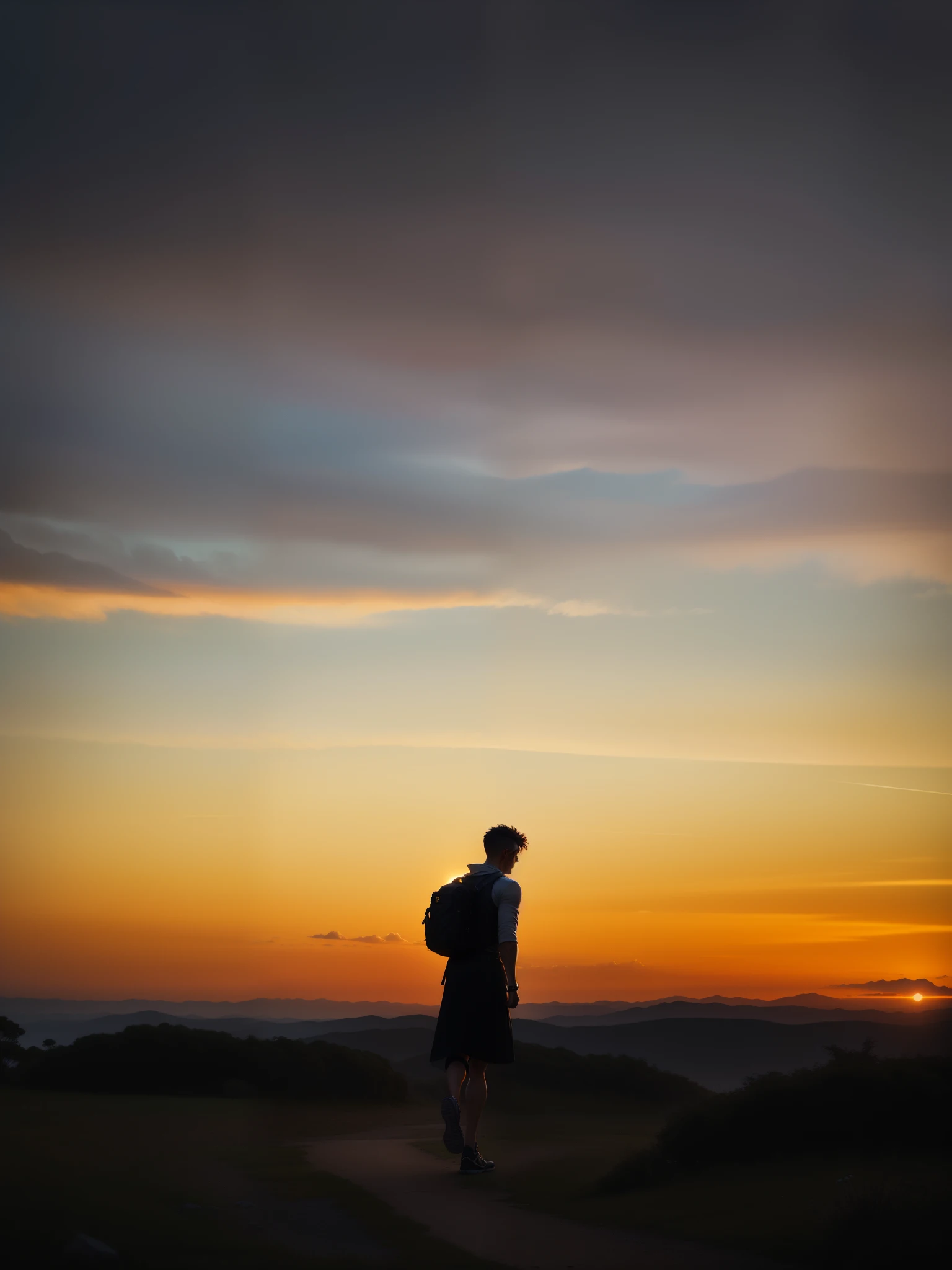 man, landscape, nature, mountains, paths, path, path to heavens, palm trees, alone, alone, straight path, natural view, divine, clouds, cloud, heavens, sky, sun, detailed sky, path to, back, manly, manly, manly, vigorous, strong, well dressed, tunic, decent, walk, run, path, beauty path, life path, nature, beautiful place, paradise, back, walking, looking at the straight path, Direction photorealism, photorealistic, Ultra HD, 4K, detailed textures, futuristic colors, detailed colors,