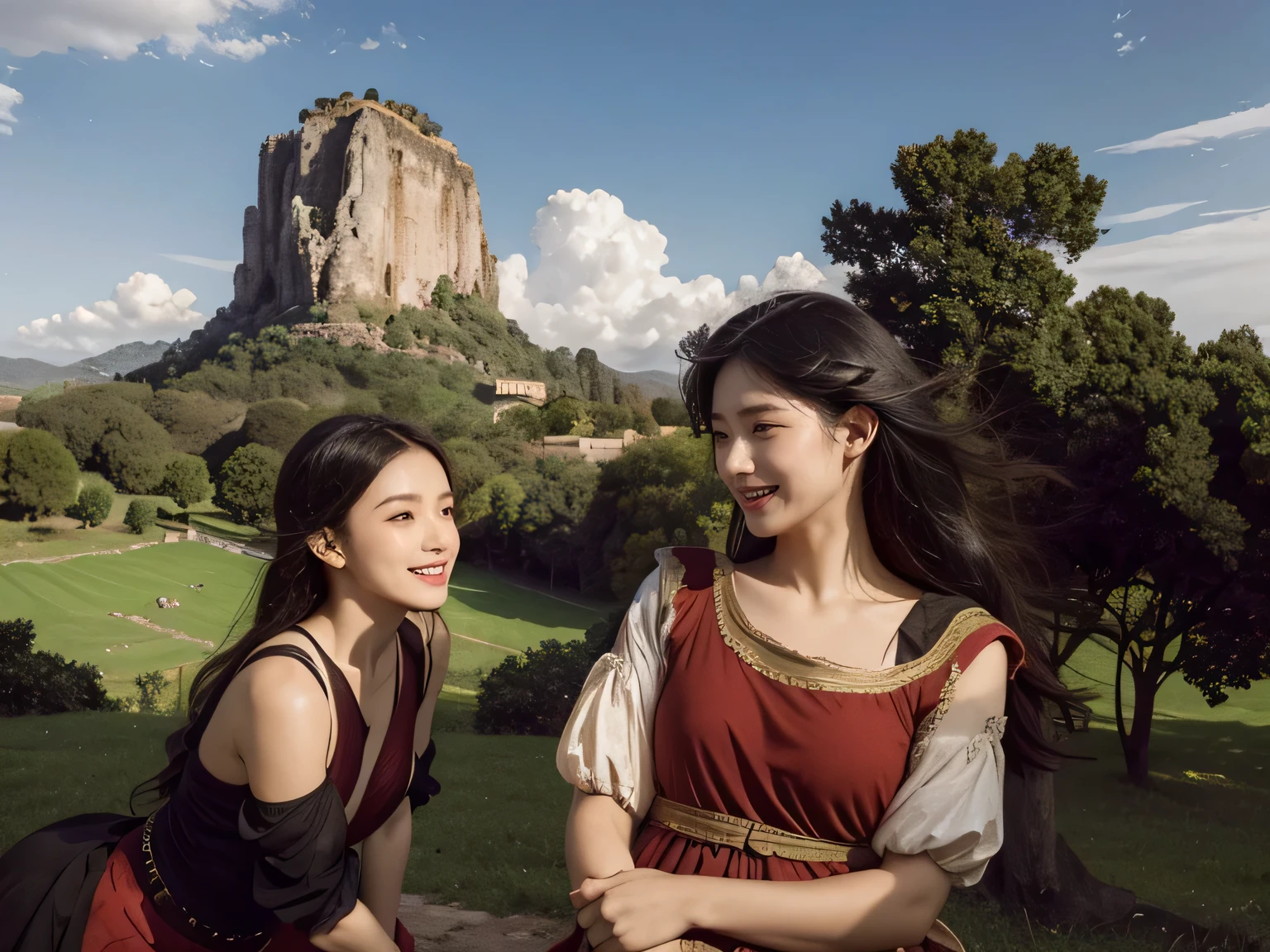 Ancient Roman ruins,Poussin-style landscape,A smile,,Sweet and seductive appearance.、Caravaggio's paintings、Chiaroscuro of Caravaggio、Hair disheveled in the wind,Two women frolicking,Cute smile, Expression of ecstasy,A sexy,Erotic