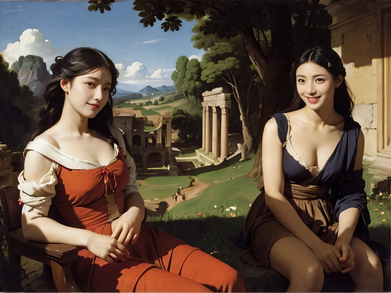 Ancient Roman ruins,Poussin-style landscape,A smile,,Sweet and seductive appearance.、Caravaggio's paintings、Chiaroscuro of Caravaggio、Hair disheveled in the wind,Two women frolicking,Cute smile, Expression of ecstasy,A sexy,Erotic