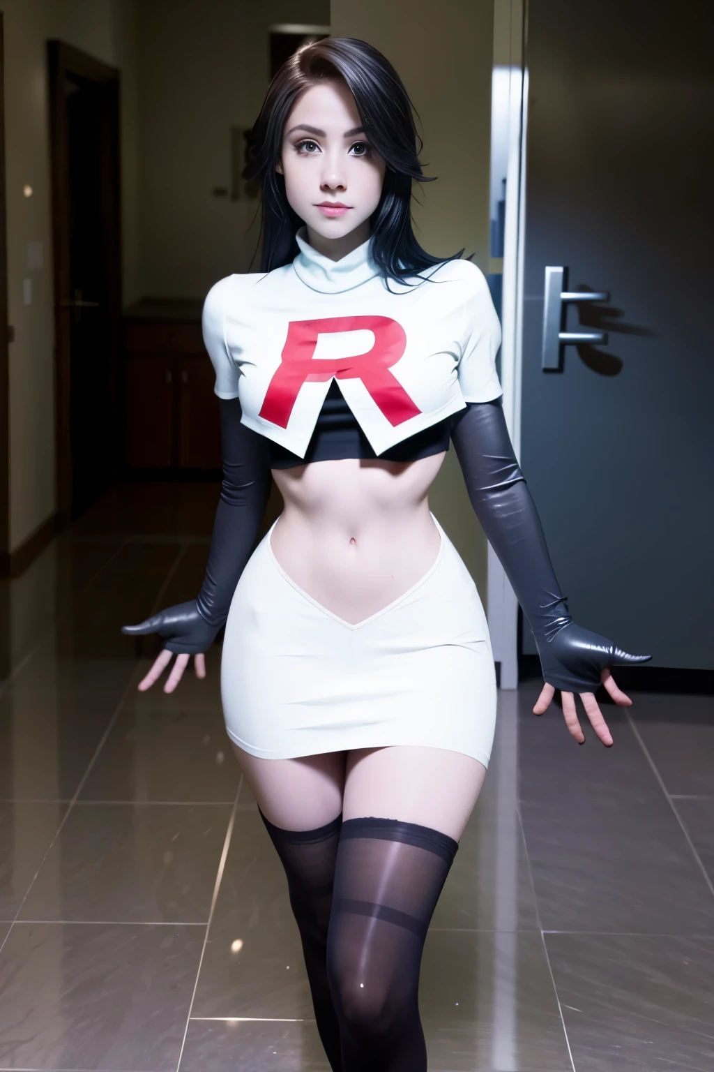 leynainu, a woman, wearing team rocket,team rocket uniform,white skirt,red letter R,crop top,black thigh-highs,black elbow gloves,