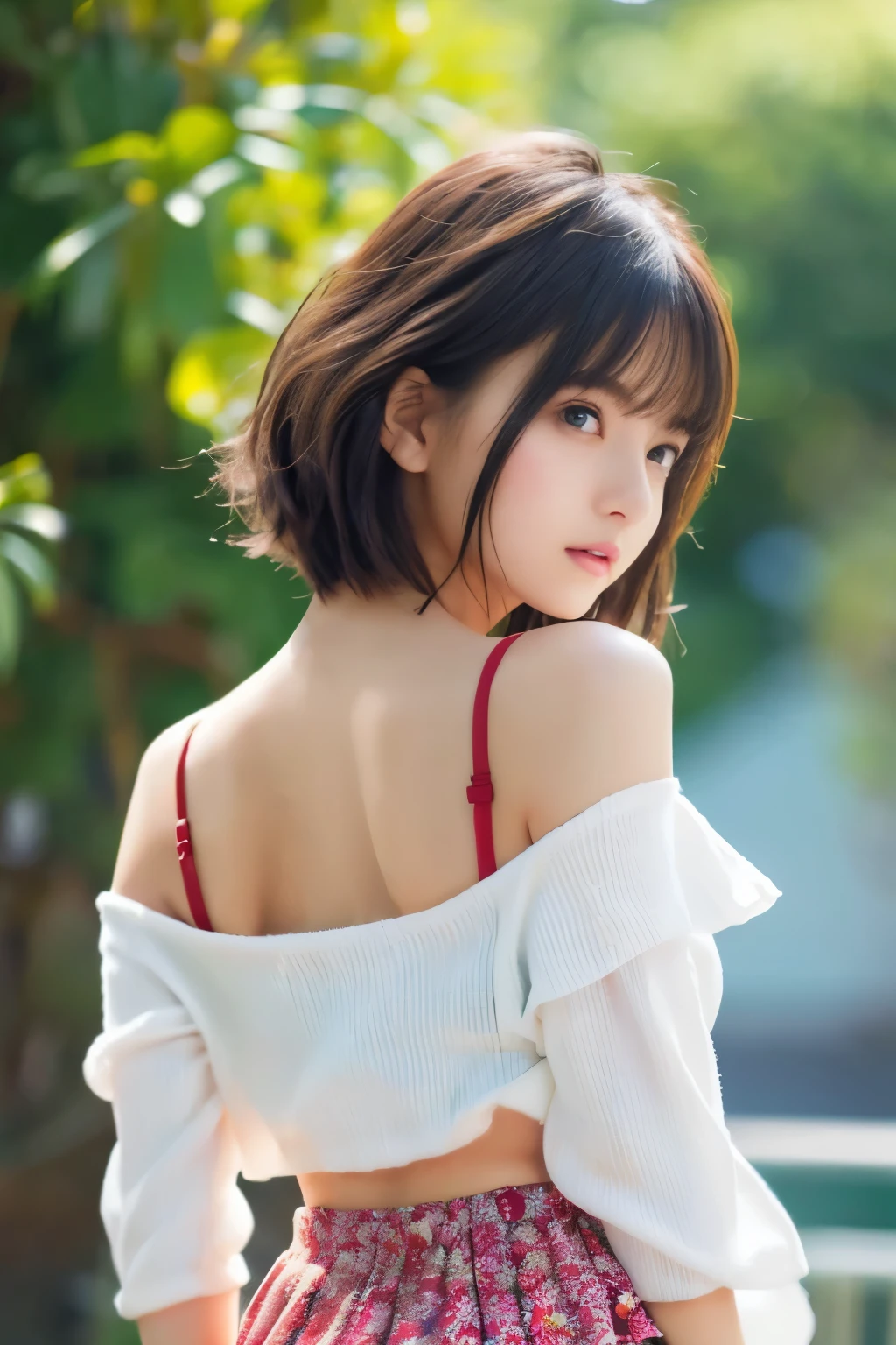Beautiful girl wearing an off-shoulder top, zora々nice look, and short hairstyle. (highest quality, realistic:1.37), super detailed, (portrait:1.1), Bright colors, soft lighting, Bokeh、back、look back、hair blowing in the wind、mini skirt、thighs thighs thighs