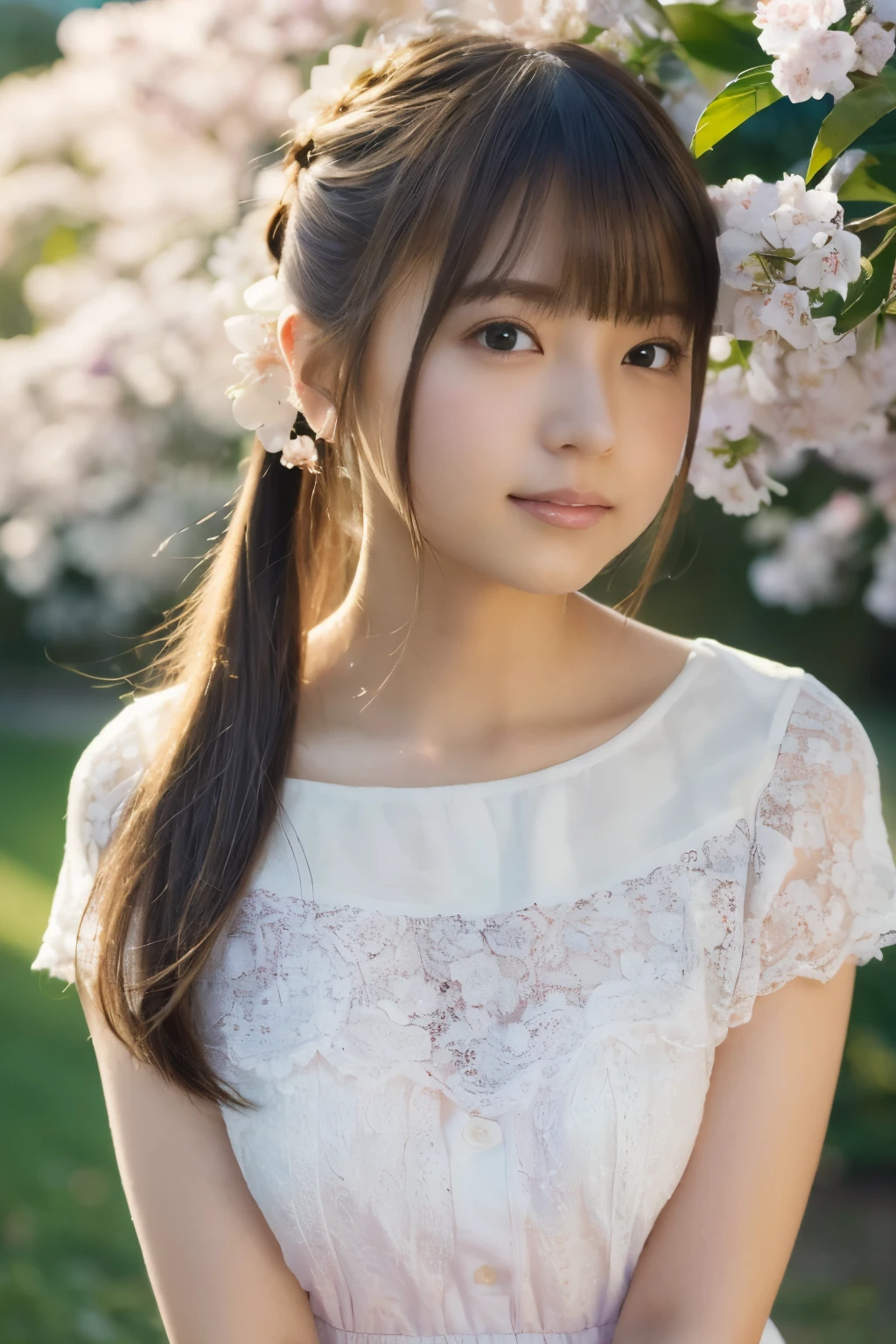(highest quality,4K,High resolution,masterpiece:1.2),super detailed,Physically based rendering,Professional,Bright colors,portrait,soft lighting,warm tones,innocent smile,rosy cheeks,ponytail hairstyle、off shoulder top,summer,transparent white clothes,return,gentle lighting、Cherry blossoms scattering、In a spring-like flower garden
