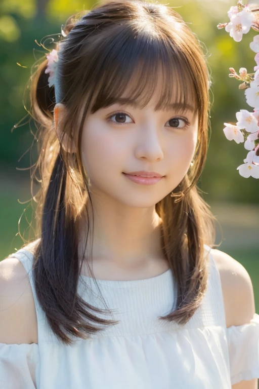 (highest quality,4K,High resolution,masterpiece:1.2),super detailed,Physically based rendering,Professional,Bright colors,portrait,soft lighting,warm tones,innocent smile,rosy cheeks,ponytail hairstyle、off shoulder top,summer,transparent white clothes,return,gentle lighting、Cherry blossoms tering、In a spring-like flower garden