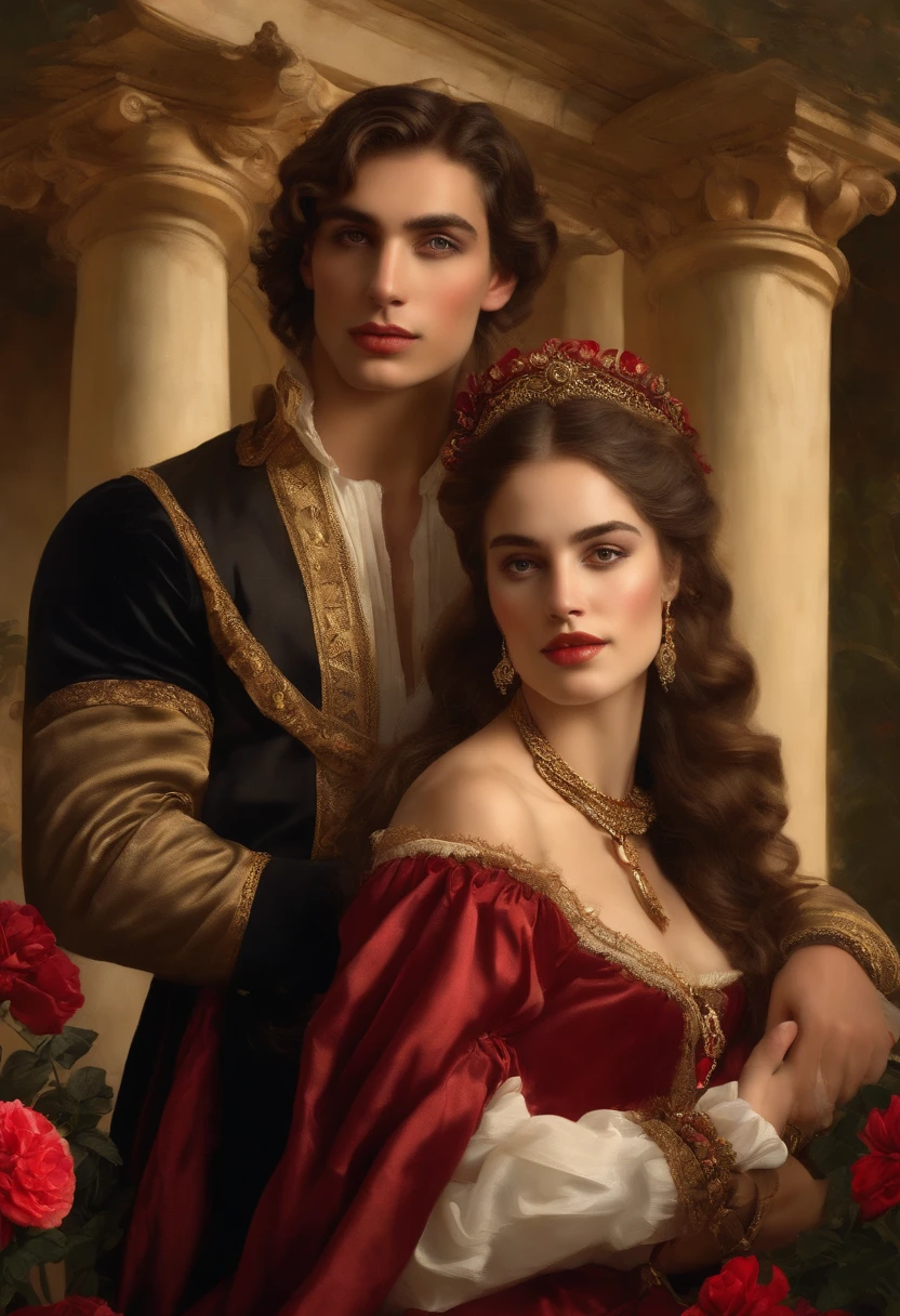 ((Baroque style painting of a beautiful couple)) earrings and bracelets, beautiful and sensual young people, lascivious and mischievous face, dressed in red, black and gold clothes in the style of the Victorian Era, clear eyes, sexy and shapely mouth, long, silky hair falling over her shoulders, ((looking at the camera)), ((Hugging each other in a garden with flowers and Greek columns)). Baroque painting