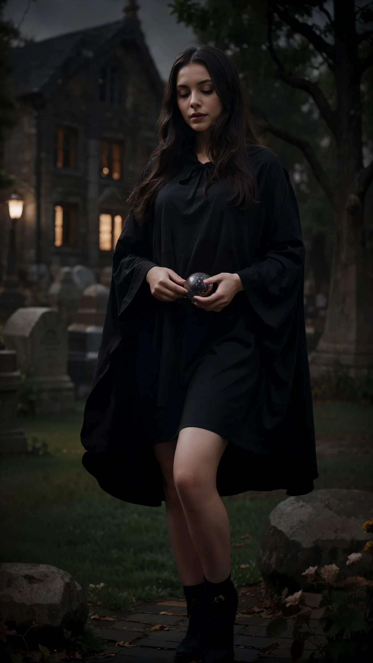 A girl of enchanter, 30 years old, her eyes closed with black ribbon, no makeup, long brunette hair, perfect black lips, detailed beautiful and mysterious face, wearing long black cloak, open leg, BREAK. Standing, holding shining crystal ball, BREAK. In deep of night, dark and misty, BREAK. Background blurred graveyard BREAK. Below lighting from crystal ball, BREAK long distance shot, full body shot BREAK, mysterious, highly realistic, super detailed subject, perfectly, proportional, UHD, 8k Resolution, masterpiece, gloomy, RAW, depth of field BREAK