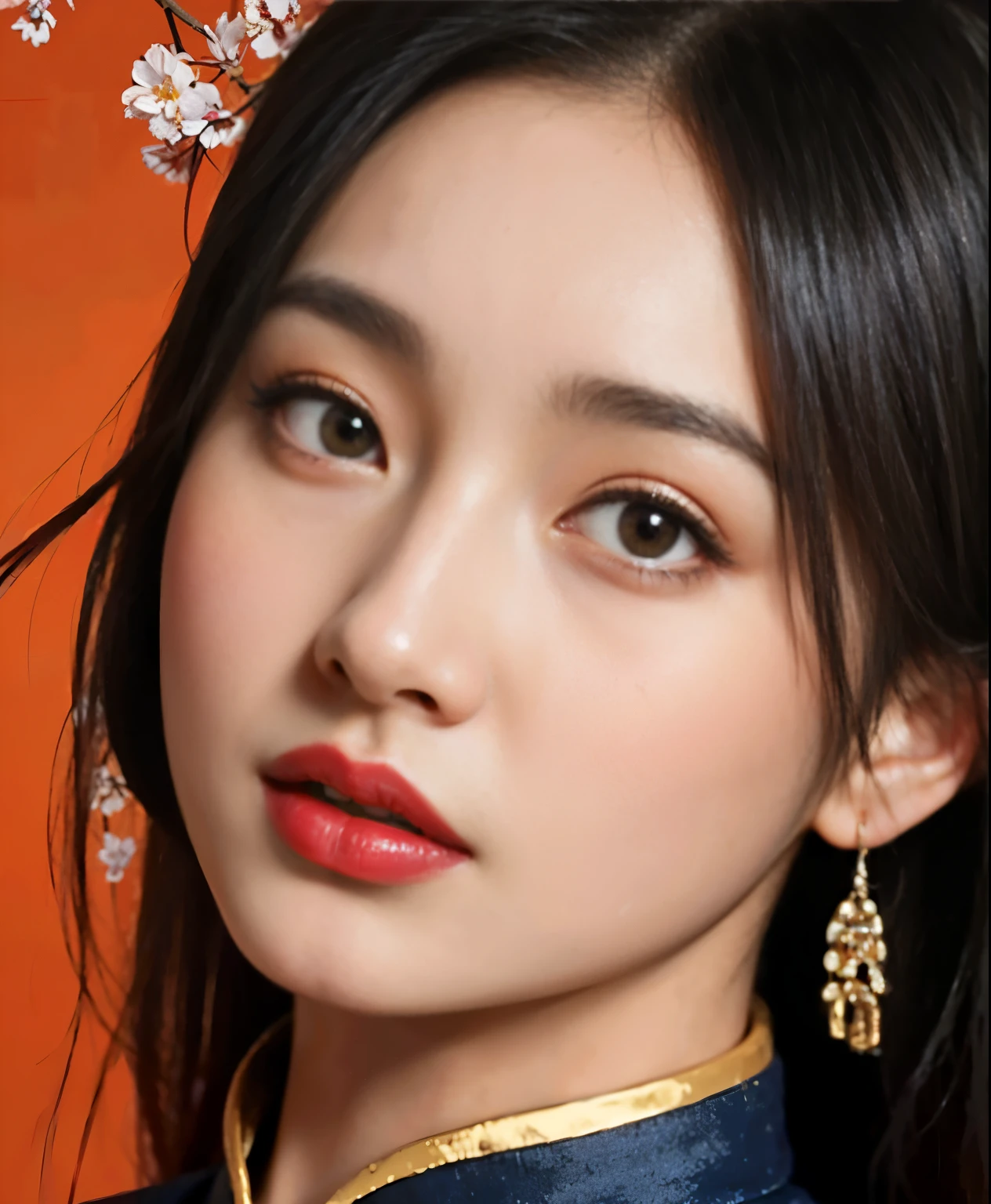 a close up of a woman with a red lipstick and a blue dress, inspired by Sim Sa-jeong, artwork in the style of guweiz, inspired by Jeong Seon, inspired by Yun Du-seo, portrait of female korean idol, inspired by Huang Ji, popular south korean makeup, inspired by Wu Bin, inspired by Shao Mi, realistic. cheng yi