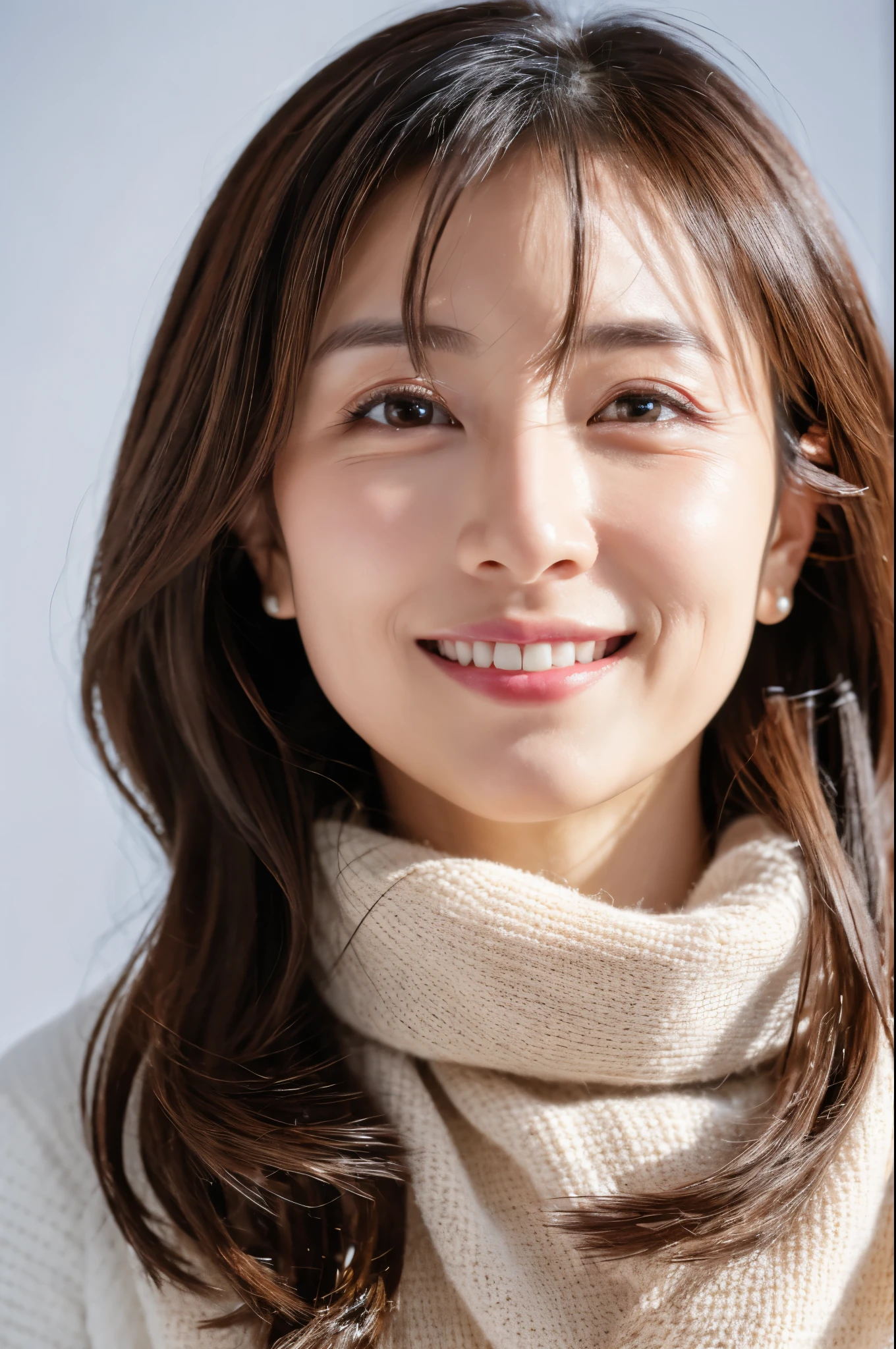 japanese woman, 30s, adult woman、background white, simple背景, white-brown hair, slender, 4K, 8K, high quality, Beauty products, beautiful eyes, simple, high resolution,1 person,beautiful skin,beautiful skin,wearing a white knit,winter,smile,