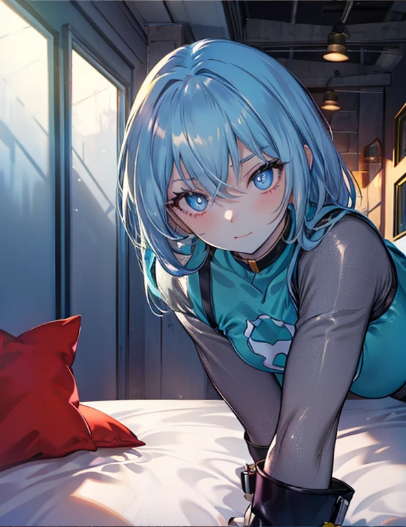 highest quality,sleep on your back in bed，Crab crotch，show me your boots，thigh high boots，leotardチラ見せ，glove，elegant, 1 girl, leotard，body suit，cute, blushed, looking at the viewer, from below, prison，blue eyes, beautiful eyes, beautiful background, particles of light, Light of the sun, dramatic lighting, outside, shiny, realistic, table top, highest quality, Super detailed, get used to it, scenery, beautiful and detailed eyes, thin hair，full body shot，