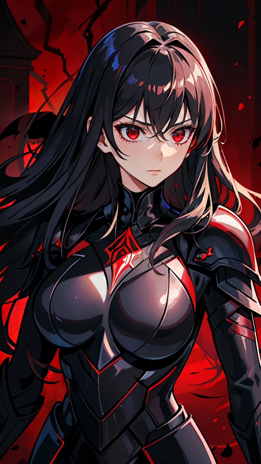 (high-quality, breathtaking),(expressive eyes, perfect face) 1female, girl , solo, young adult, long hair length, wavy curly hair, soft wave, black hair color, red highlights in hair, deep red eye color, background, music, neutral expression, mature, dominant, haunting red background, armor, onyx black armor with red trim, midnight dark armor with red cracks engraved in the exterior, saber alter, alter saber fate stay night, corrupted theme, corrupted armor, red lines on armor, conquerer vibe, red markings on armor, slightly narrow eyes, evil queen, narrow beautiful eyes, queen chess piece, beautiful hair, detailed eyes