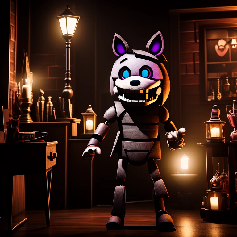 From the game: Five nights at freddys, mangle, animatronic, The Mangle. Solo, single character, dark, shadows, glowing eyes, 3d