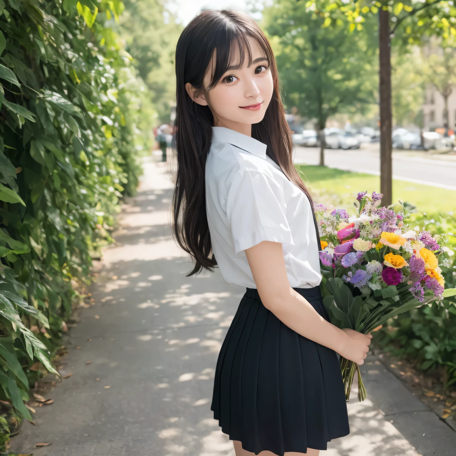 Smile、night、original photography、(((ultimate beauty portrait)))、((sparkling skin))、1 girl、Beautiful 18 year old girl from Prague、bright expression、((brown hair))、((Big eyes sparkling like gems))、、pantyhose、Glowing and radiant skin、(medium hair)、(silk ponytail)、(standing)、(from below)、under skirt、(from below看内衣的特写)、Eyeliner、beautiful bangs、hair between eyes、((​Masterpiece、top quality、Super detailed、movie light、intricate details、high resolution、Very detailed))、background for this、8 kood、digital SLR、soft light、high quality、film grain、富士XT3 、shallow view deep、natural soft light、Kamimei、Above the legs、whole body、 Rear view、Holding a bouquet of flowers